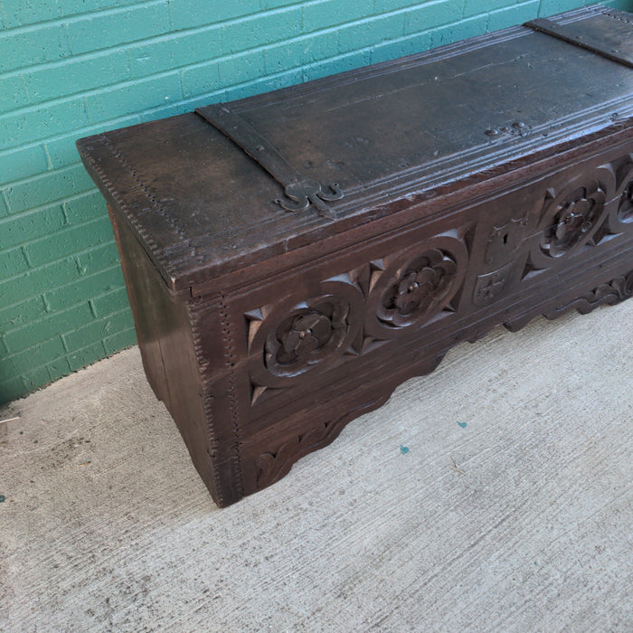 18TH CENTURY OAK FOLIATE CARVED COFFER WITH STRAP HINGES-RESTORED