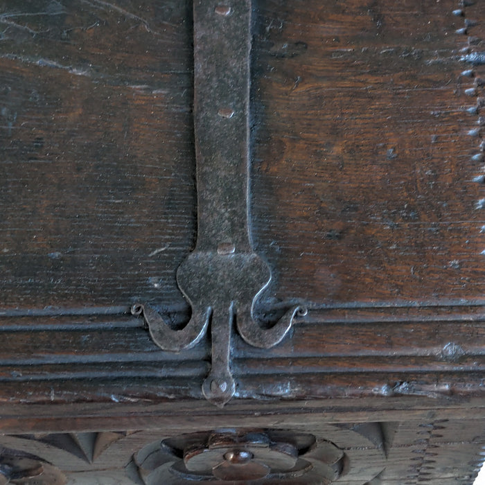 18TH CENTURY OAK FOLIATE CARVED COFFER WITH STRAP HINGES-RESTORED