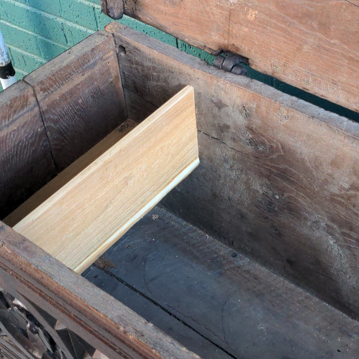 18TH CENTURY OAK FOLIATE CARVED COFFER WITH STRAP HINGES-RESTORED