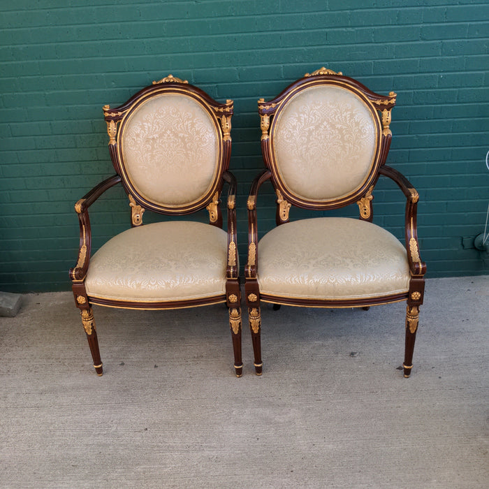 PAIR MAHOGANY LOUIS XVI ARMCHAIRS WITH GOLD DETAIL