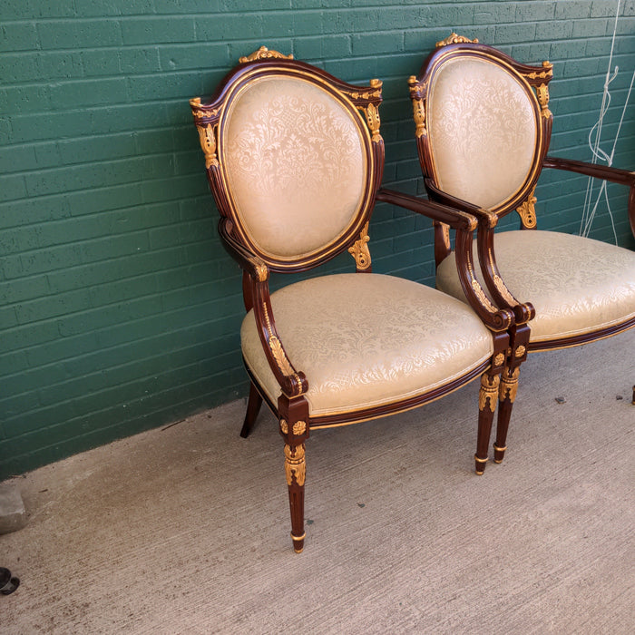 PAIR MAHOGANY LOUIS XVI ARMCHAIRS WITH GOLD DETAIL