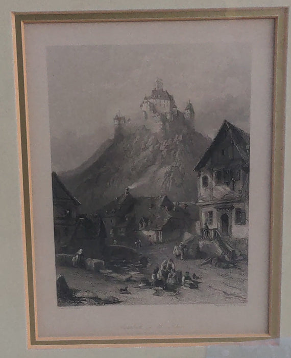 ENGRAVING OF A CASTLE ON A HILLSIDE