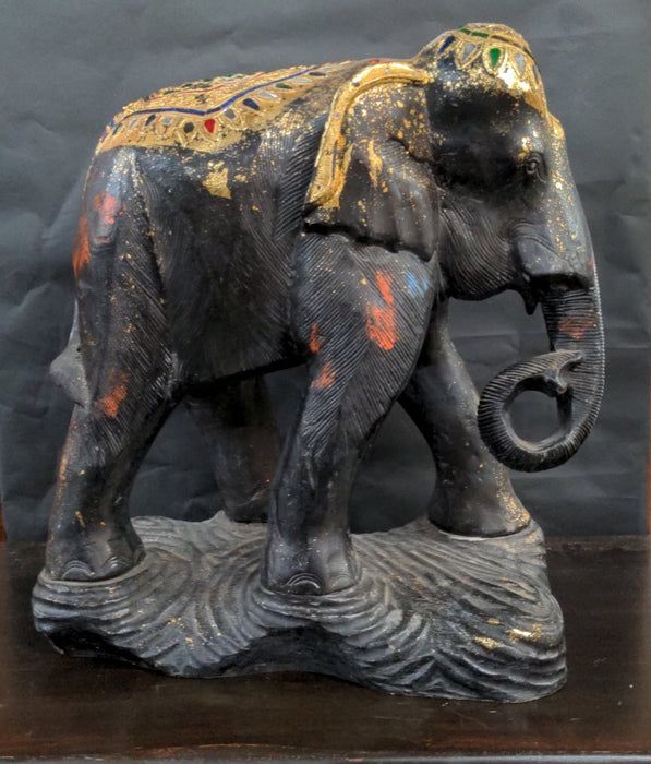 LARGE WOOD HAND CARVED BEJEWELED ELEPHANT