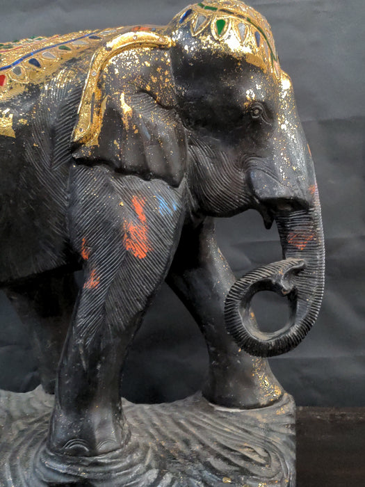 LARGE WOOD HAND CARVED BEJEWELED ELEPHANT