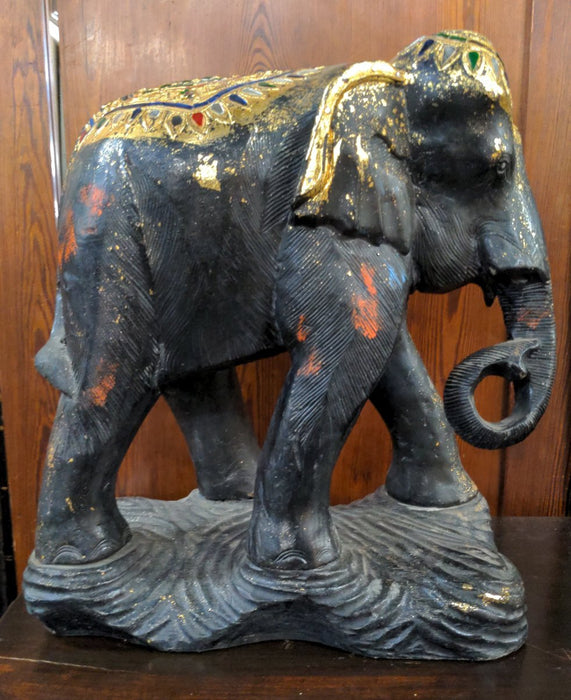 LARGE WOOD HAND CARVED BEJEWELED ELEPHANT