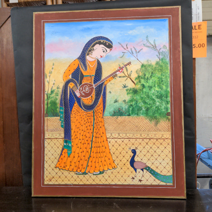 ARTIST SIGNED INDIAN PAINTING OF WOMAN PLAYING INSTRUMENTS