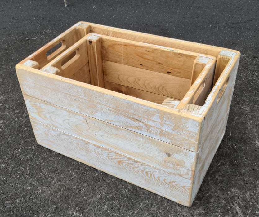 SET OF TWO NESTED WOOD BOXES WITH WHITE WASH