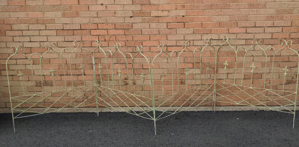 SET OF THREE GREEN PANEL IRON FENCES WITH FLEUR-DE-LIS