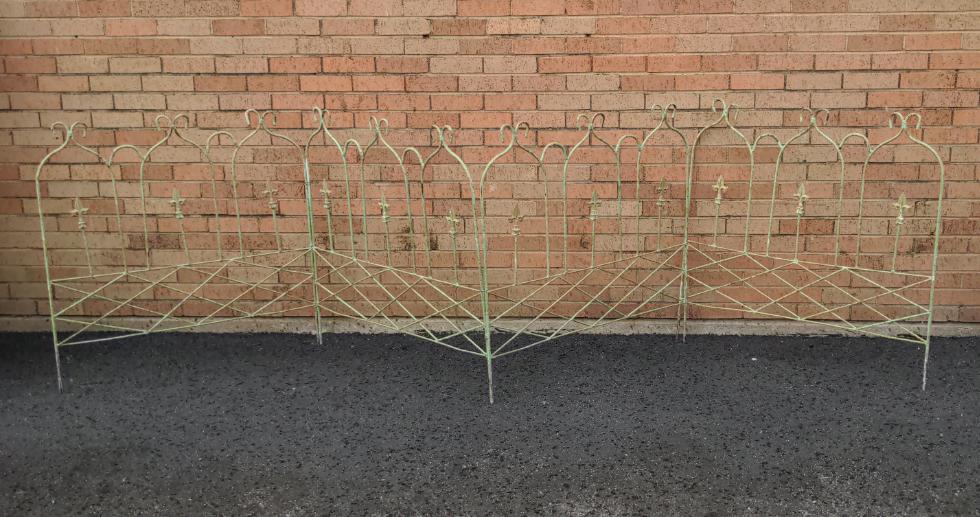 SET OF THREE GREEN PANEL IRON FENCES WITH FLEUR-DE-LIS