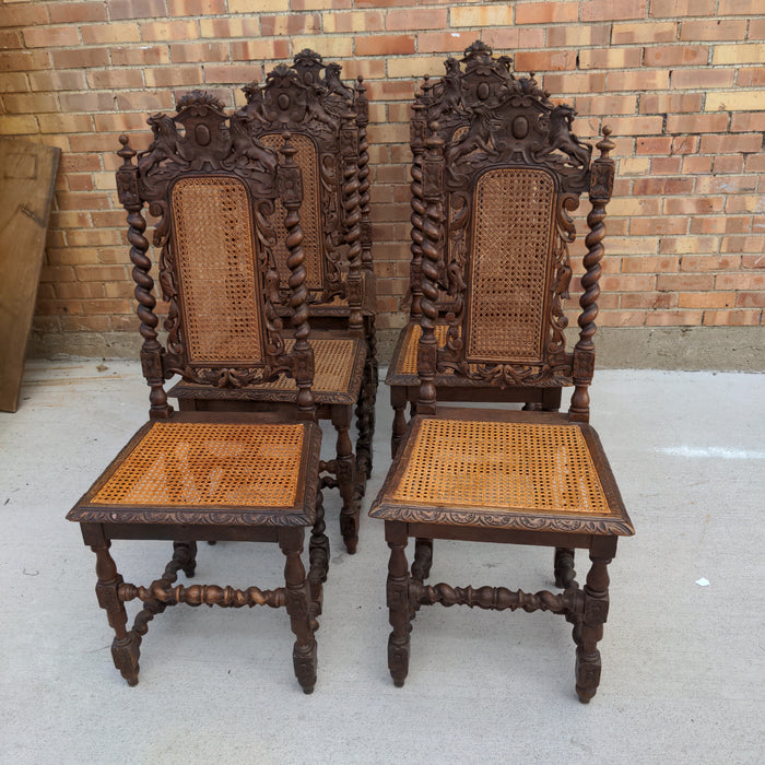 SET OF SIX OAK BARLEY TWIST CHAIRS WITH LIONS AND CANING as is