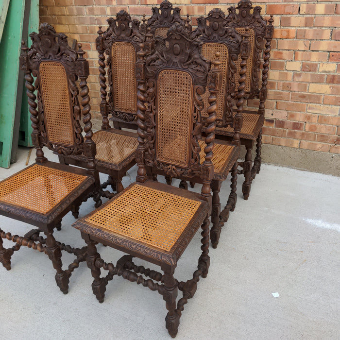 SET OF SIX OAK BARLEY TWIST CHAIRS WITH LIONS AND CANING as is