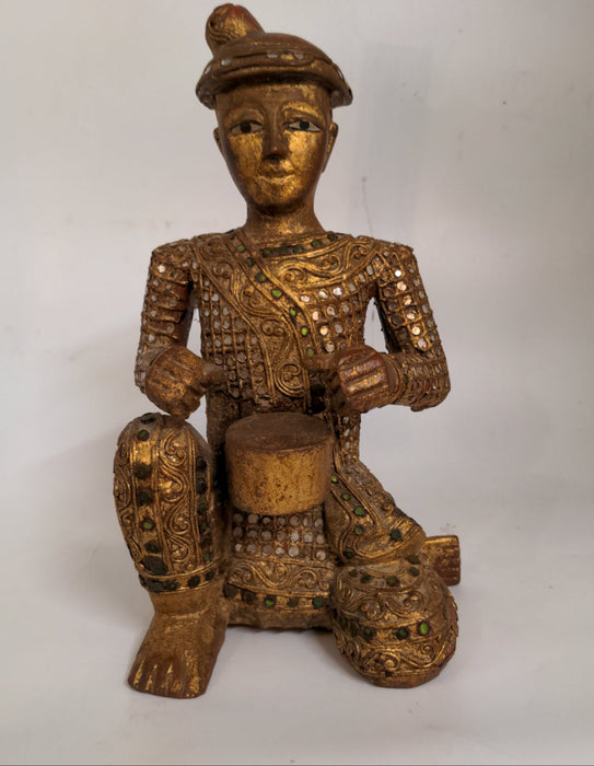 GILT WOOD CARVED INDIAN DRUMMER FIGURE