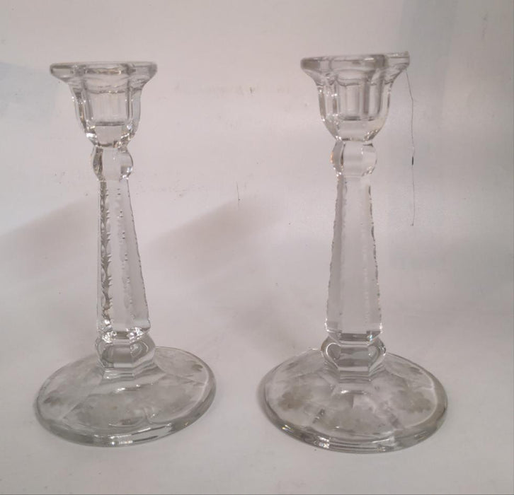 PAIR OF FLORAL ETCHED GLASS CANDLE STANDS