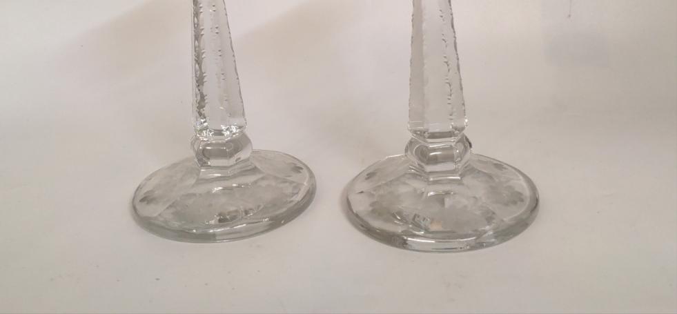 PAIR OF FLORAL ETCHED GLASS CANDLE STANDS