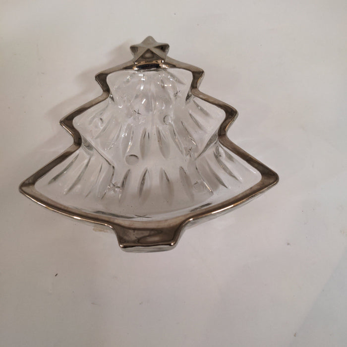 GLASS CHRISTMAS TREE DISH WITH SILVER PLATE RIM