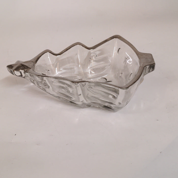 GLASS CHRISTMAS TREE DISH WITH SILVER PLATE RIM