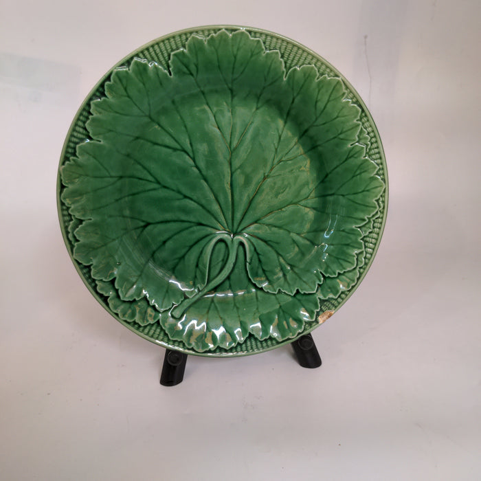 GREEN MAJOLICA LEAF PLATE AS FOUND