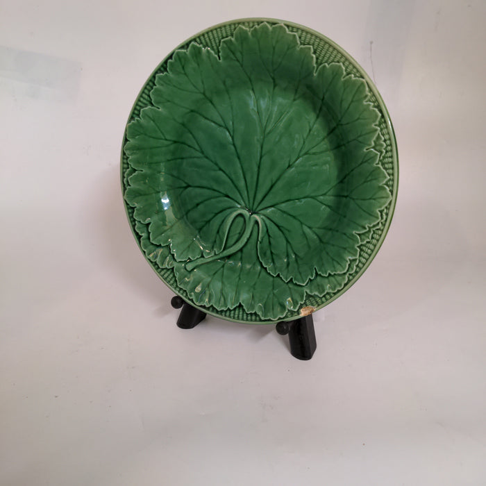 GREEN MAJOLICA LEAF PLATE AS FOUND