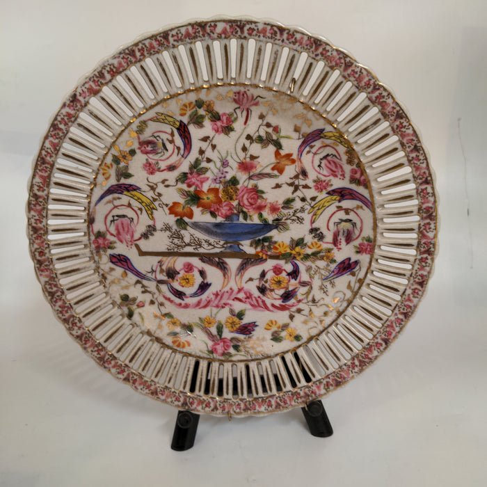PIERCED RIM JAPANESE FLORAL PLATE WITH HANGER