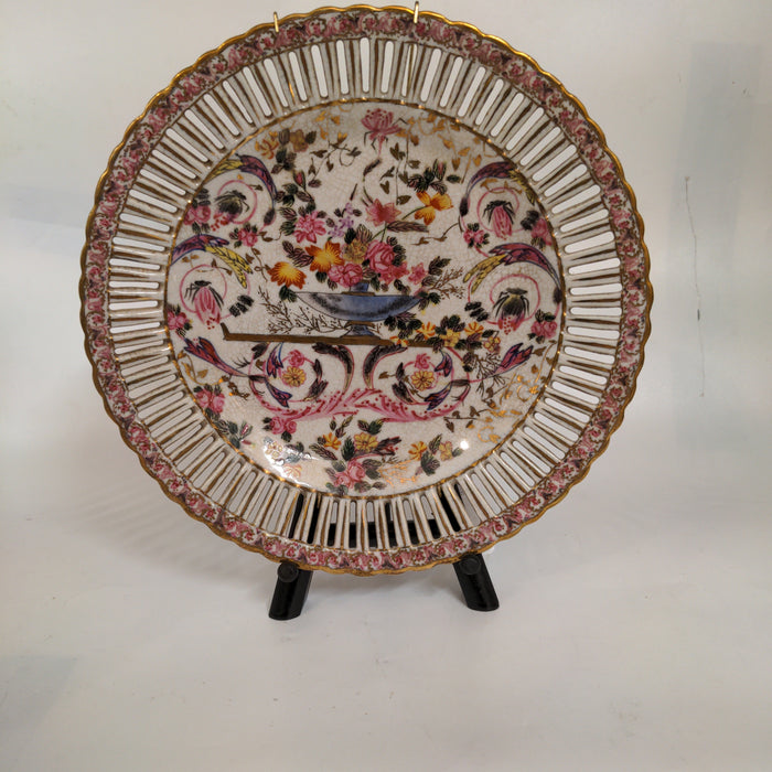 PIERCED RIM JAPANESE FLORAL PLATE WITH HANGER