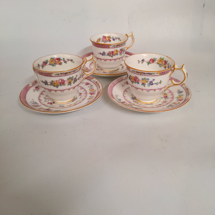 SET OF THREE ENGLISH HAND PAINTED PORCELAIN CUPS & SAUCERS