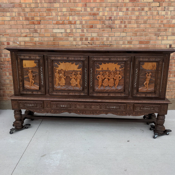 FRENCH BRETON FIGURAL CARVED OAK SIDEBOARD WITH PARQUETRY TOP