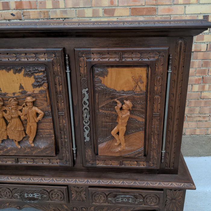 FRENCH BRETON FIGURAL CARVED OAK SIDEBOARD WITH PARQUETRY TOP