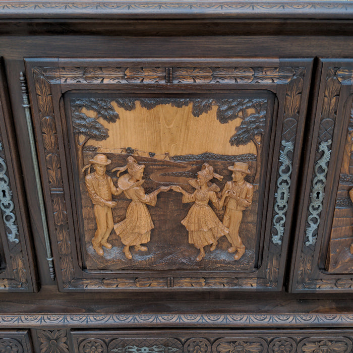 FRENCH BRETON FIGURAL CARVED OAK SIDEBOARD WITH PARQUETRY TOP