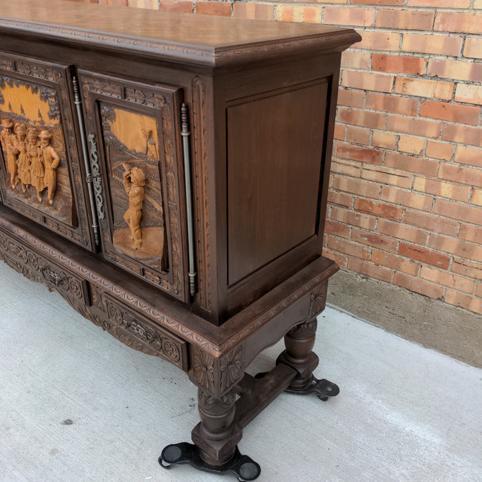 FRENCH BRETON FIGURAL CARVED OAK SIDEBOARD WITH PARQUETRY TOP