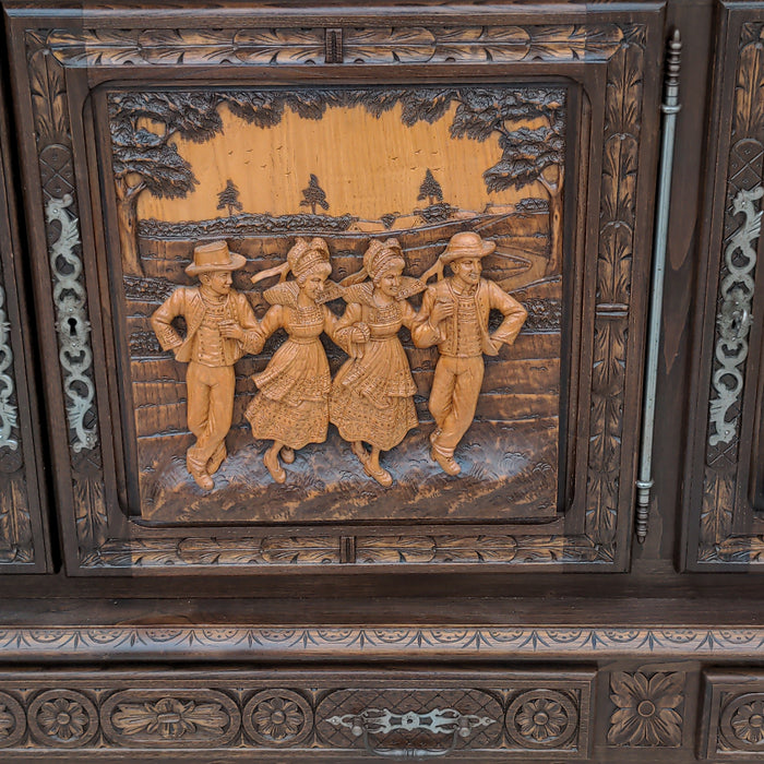 FRENCH BRETON FIGURAL CARVED OAK SIDEBOARD WITH PARQUETRY TOP
