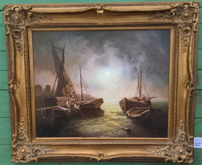 FANCY PIERCED GOLD FRAMED OIL PAINTING OF BOATS AT DOCK WITH MEN FISHING