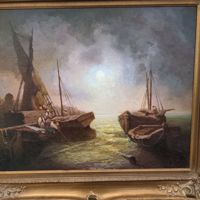 FANCY PIERCED GOLD FRAMED OIL PAINTING OF BOATS AT DOCK WITH MEN FISHING