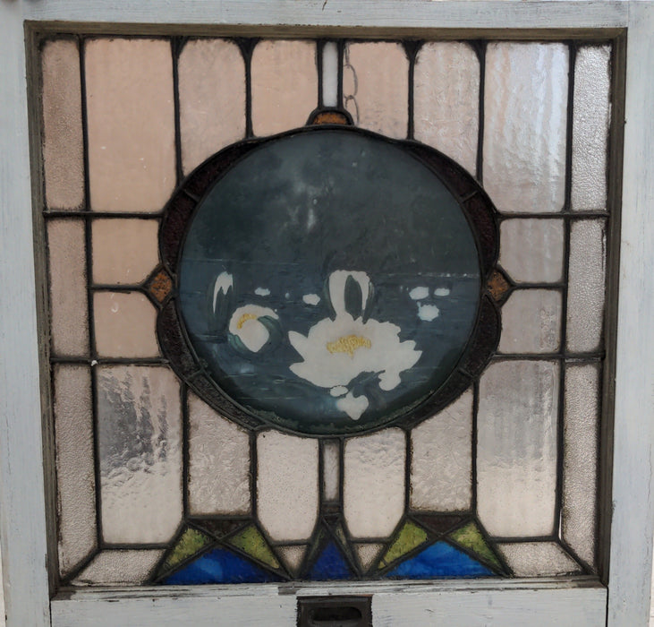 STAINED GLASS WINDOW WITH HAND PAINTED LILY SCENE AS FOUND