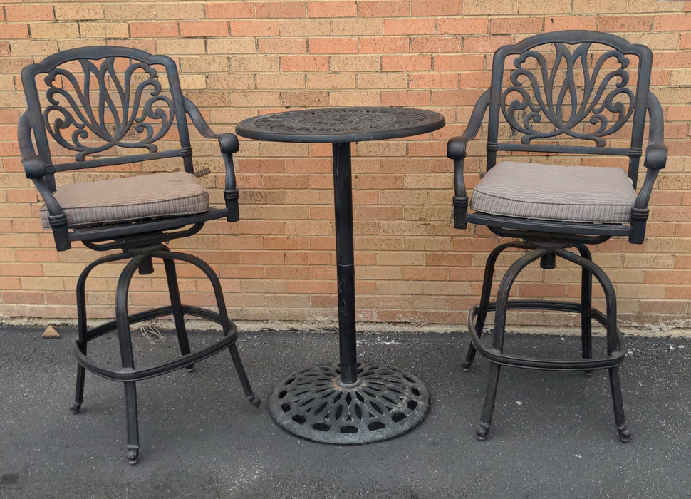 TALL BLACK ALUMINUM BAR TABLE & PAIR OF CHAIRS