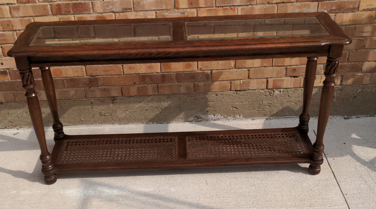 VINTAGE GLASS TOP OAK CONSOLE TABLE