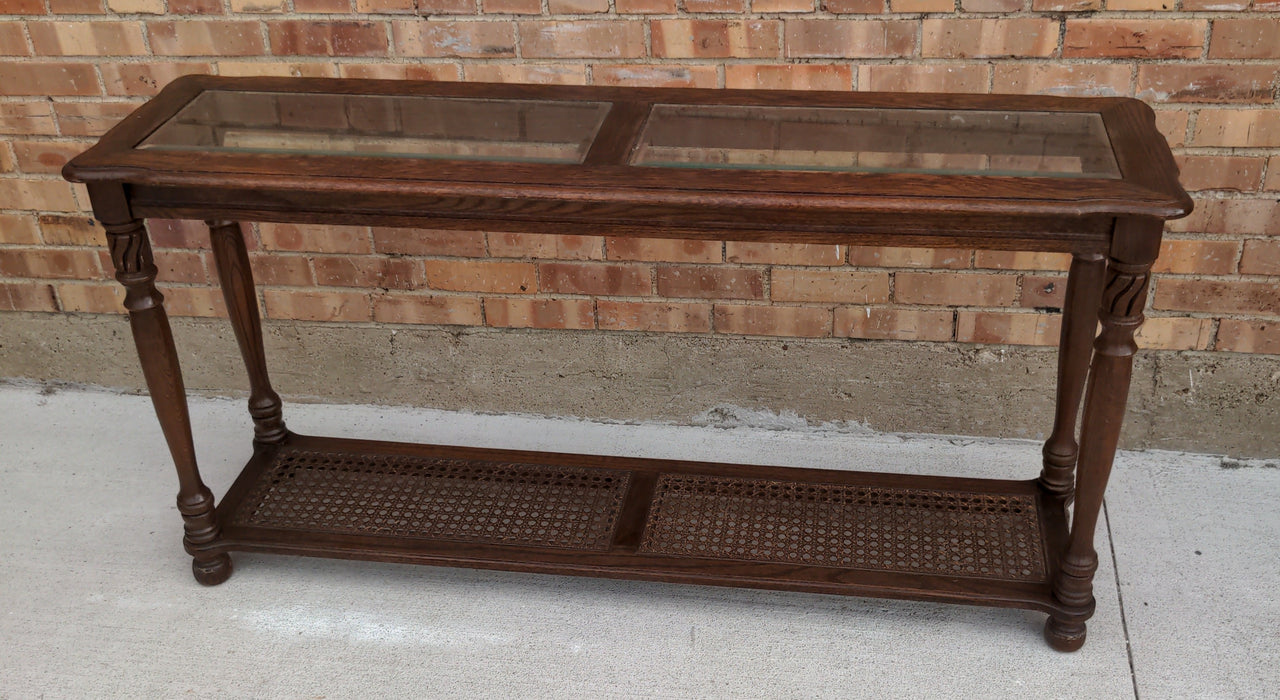 VINTAGE GLASS TOP OAK CONSOLE TABLE