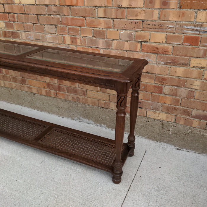 VINTAGE GLASS TOP OAK CONSOLE TABLE