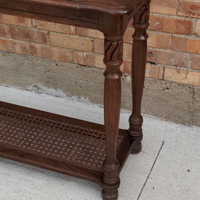 VINTAGE GLASS TOP OAK CONSOLE TABLE