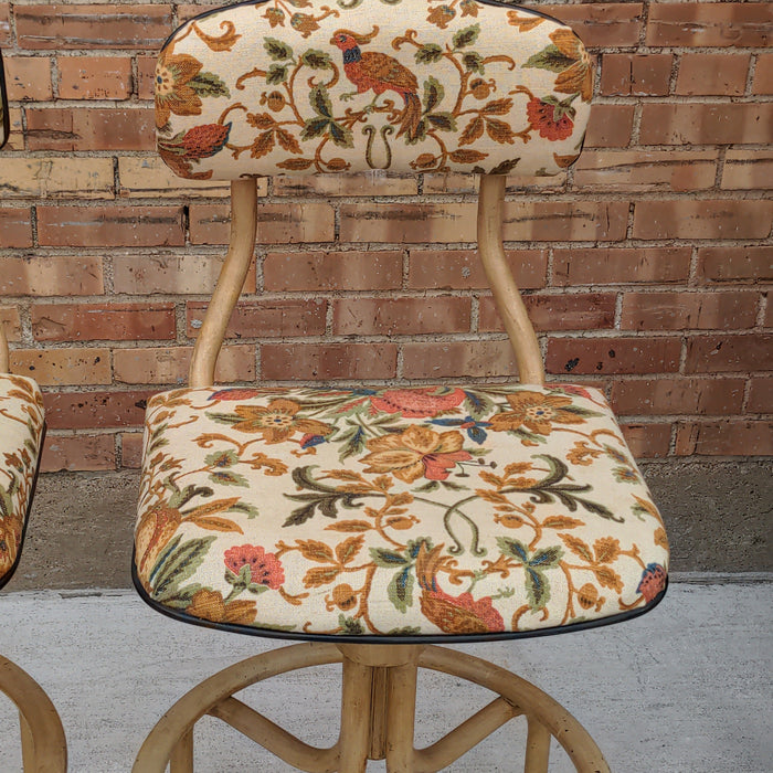 PAIR OF BIRD AND FLORAL PRINT SWIVEL COUNTER/BAR STOOLS