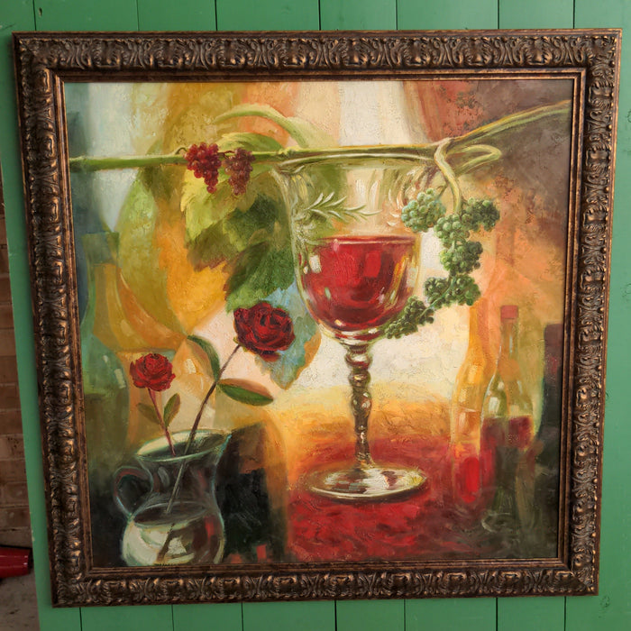 OIL PAINTING STILL LIFE OF WINE GLASS & ROSE