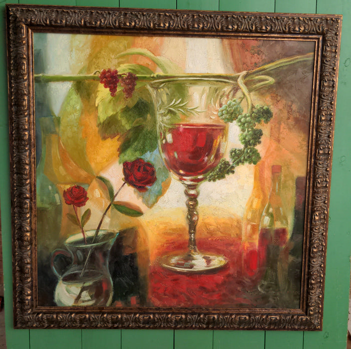 OIL PAINTING STILL LIFE OF WINE GLASS & ROSE