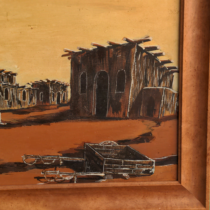 UNFRAMED - ORANGE TONE OIL PAINTING OF A DILAPIDATED TOWN