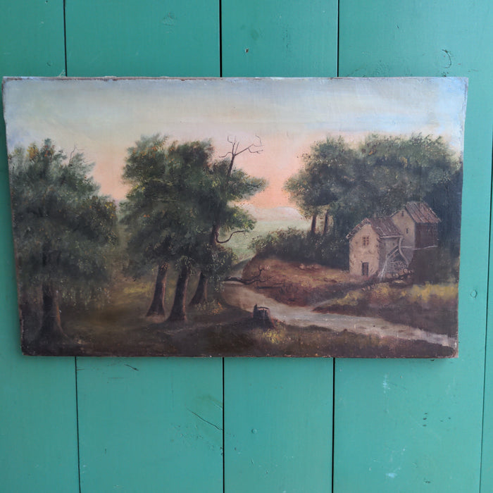 UNFRAMED OIL PAINTING RUSTIC WATERMILL