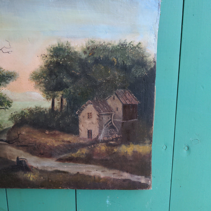 UNFRAMED OIL PAINTING RUSTIC WATERMILL