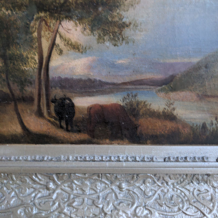 FRAMED OIL PAINT WITH COWS BY A LAKE