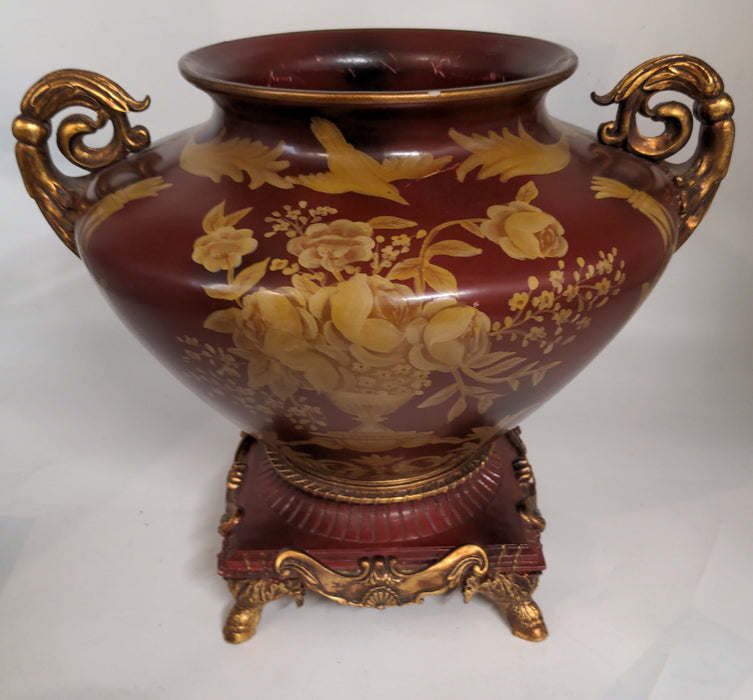 RED & GOLD COMPOTE WITH SQUARE BASE AND BIRD MOTIF