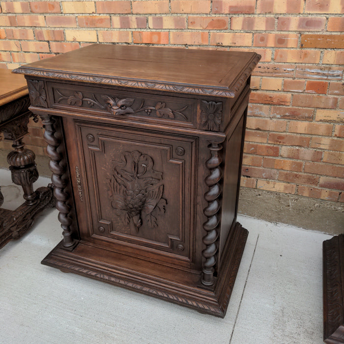 FRENCH DARK OAK BIRD CARVED JAM CUPBOARD