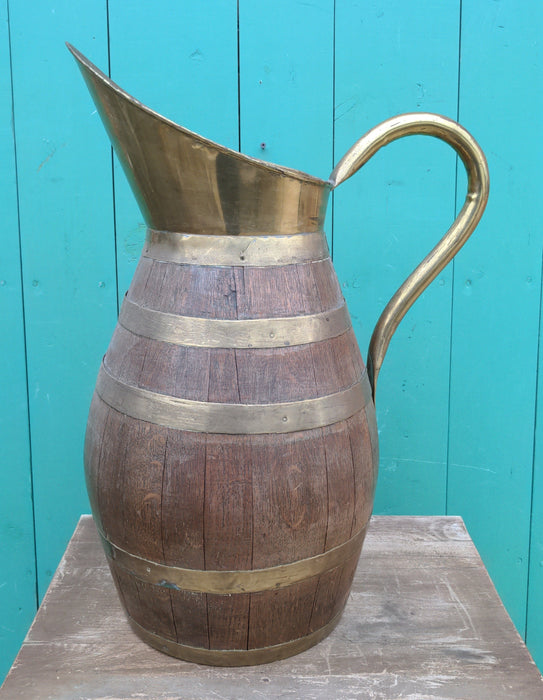 OAK AND BRASS BANDED PITCHER STYLE UMBRELLA STAND