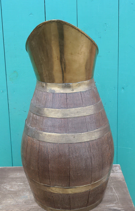 OAK AND BRASS BANDED PITCHER STYLE UMBRELLA STAND