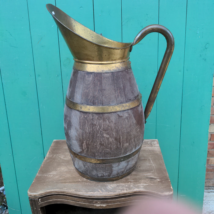 OAK AND BRASS BANDED PITCHER STYLE UMBRELLA STAND